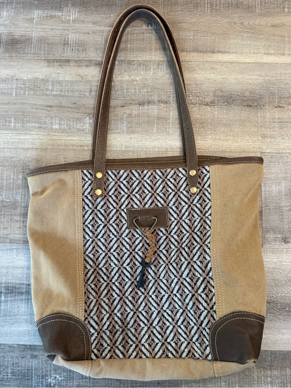 Myra Bag Boho Tan Canvas Leather Tote Bag
